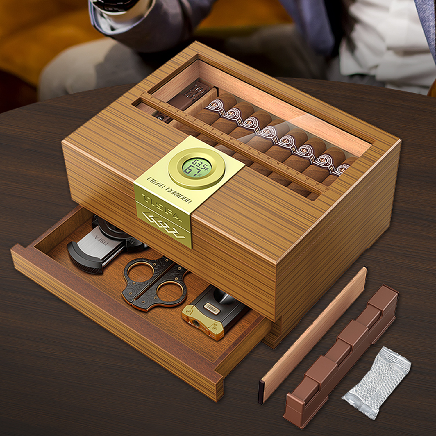 Cigar Box Humidor with Hygrome - Home Fragrance Maple Walnut ulasan dan harga